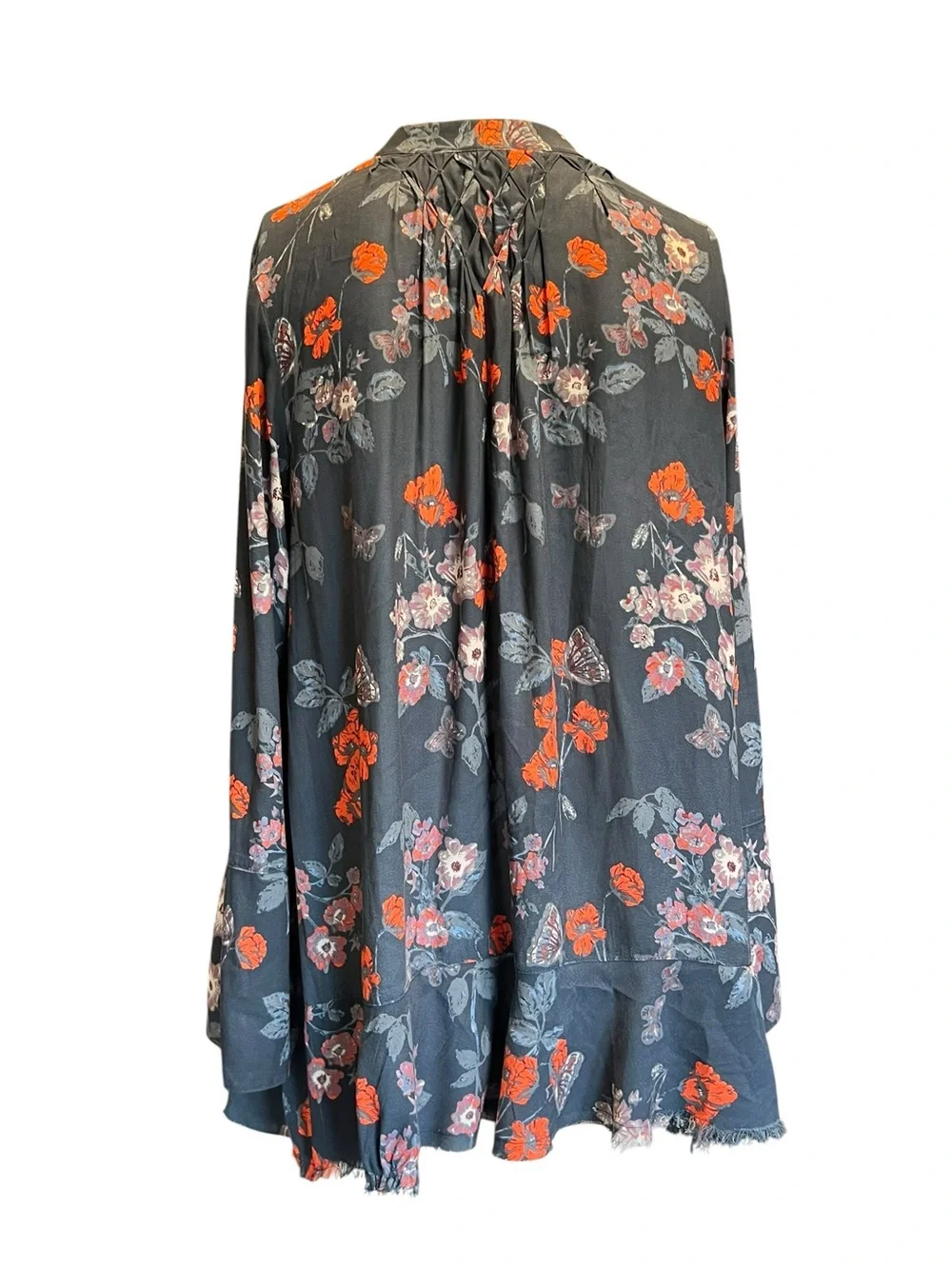 Free People Black Floral Tie-Neck Blouse with Orange Accents
